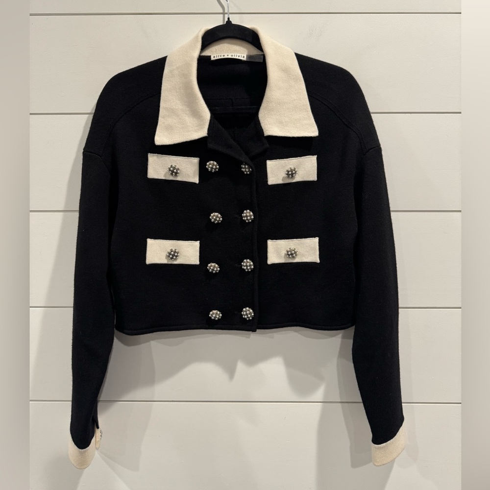 New Alice and Olivia black Verdell cropped knit sweater jacket - Picture 3 of 8